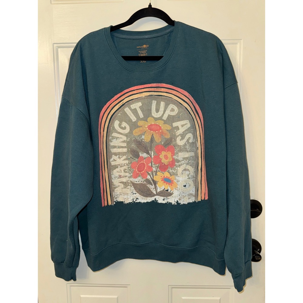 Natural Life Making It Up As I Go Floral Rainbow Graphic Sweatshirt Teal XXL